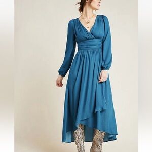 Anthropologie Gwendolyn Maxi Draped Long Sleeve Turquoise Dress Size 0
